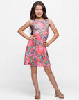 24sevenkid Girls Knee Length Sleeveless A Line Pink Paisley Pocket Dress