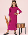 24seven Comfort Apparel Girls Three Quarter Sleeve Pleated Maxi Dress Machine Washable