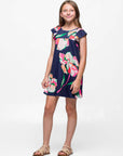 24sevenkid Girls Navy Blue Floral Print Cap Sleeve Babydoll Dress