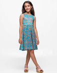 24sevenkid Girls Sky Blue and Orange Print Fit and Flare Dress