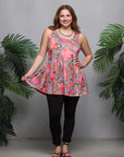 24seven Comfort Apparel Plus Size Casual Pink Paisley Print Scoop Neck Tank Top