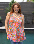 24seven Comfort Apparel Plus Size Casual Pink Paisley Print Scoop Neck Tank Top