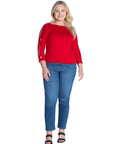 Three Quarter Sleeve Boatneck Cold Shoulder Plus Size Top with Grommet Detail