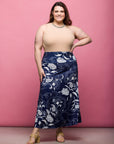 24seven Comfort Apparel Plus Size Navy Floral Print Elastic Waist A Line Maxi Skirt