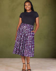 Plus Size Purple Print Elastic Waist Pocket Midi Skirt