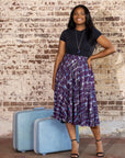 Plus Size Purple Print Elastic Waist Pocket Midi Skirt