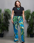 24seven Comfort Apparel Plus Size Teal Paisley Print Bell Bottom Foldover Waist Pants
