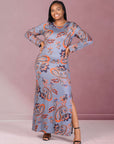 Plus Size Grey Long Sleeve Side Slit Fitted Maxi Dress