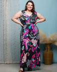 24seven Comfort Apparel Plus Size Black and Pink Print V Neck Empire Waist Sleeveless Maxi Dress