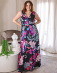 24seven Comfort Apparel Plus Size Black and Pink Print V Neck Empire Waist Sleeveless Maxi Dress