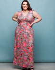 24seven Comfort Apparel Plus Size Pink Paisley Print V Neck Empire Waist Sleeveless Maxi Dress