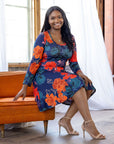 Plus Size Navy Floral Print Long Sleeve Knee Length Dress