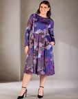 Plus Size Purple Paisley Midi Length Long Sleeve Pocket Dress