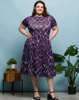 24seven Comfort Apparel Plus Size Purple Print Short Sleeve Pleated Flare Midi Pocket Dress