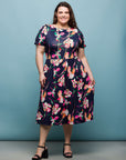 24seven Comfort Apparel Plus Size Navy Floral Short Sleeve Pleated Flare Midi Pocket Dress
