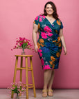 24seven Comfort Apparel Plus Size Blue Floral Knee Length Short Sleeve Faux Wrap Dress