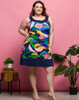 24seven Comfort Apparel Plus Size Blue Floral Scoop Neck Sleeveless Knee Length Dress