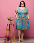 24seven Comfort Apparel Plus Size Sky Blue Sleeveless Pleated Knee Length Pocket Dress