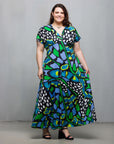 24seven Comfort Apparel Plus Size Blue Butterfly Print V Neck Empire Waist Cap Sleeve Maxi Dress