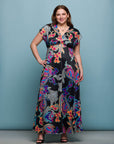 24seven Comfort Apparel Plus Size Black Paisley Print V Neck Empire Waist Cap Sleeve Maxi Dress