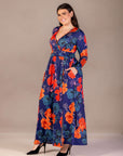 Plus Size Navy Floral Print Long Sleeve Side Slit Maxi Dress