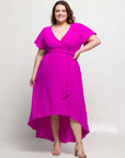 24seven Comfort Apparel Plus Size V Neck Belted Faux Wrap High Low Dress