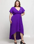 24seven Comfort Apparel Plus Size V Neck Belted Faux Wrap High Low Dress
