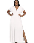 24seven Comfort Apparel Plus Size Flutter Sleeve Metallic Knit Maxi Dress Front Slit Empire Waist