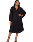 Plus Size Shimmer Pleated V Neck Empire Waist Bishop Sleeve Midi Dress