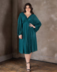Plus Size Shimmer Pleated V Neck Empire Waist Bishop Sleeve Midi Dress