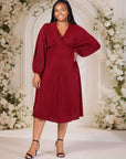Plus Size Shimmer Pleated V Neck Empire Waist Bishop Sleeve Midi Dress