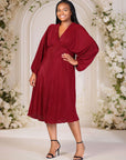 Plus Size Shimmer Pleated V Neck Empire Waist Bishop Sleeve Midi Dress