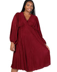 Plus Size Shimmer Pleated V Neck Empire Waist Bishop Sleeve Midi Dress