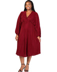 Plus Size Shimmer Pleated V Neck Empire Waist Bishop Sleeve Midi Dress