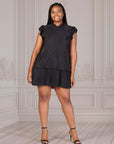 Plus Size Ruffle Cap Sleeve High Neck Pleated Tiered Mini Dress