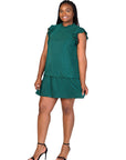 Plus Size Ruffle Cap Sleeve High Neck Pleated Tiered Mini Dress