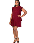 Plus Size Ruffle Cap Sleeve High Neck Pleated Tiered Mini Dress