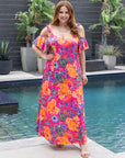 24seven Comfort Apparel Plus Size Pink Paisley Cold Sholder Ruffle Sleeve A Line Maxi Dress