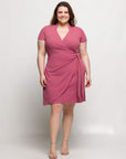 24seven Comfort Apparel Plus Size Mandarin Collar Knee Length Wrap Dress