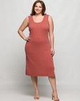 24seven Comfort Apparel Plus Size Fitted Sleeveless Side Slit Midi Dress