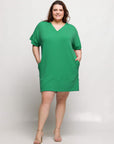 24seven Comfort Apparel Plus Size V Neck Loose Fit Short Sleeve Pocket T Shirt Dress