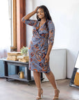 Plus Size Grey Print Three Quarter Sleeve Faux Wrap Dress