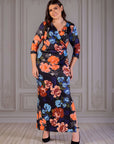 Plus Size Black Floral Three Quarter Sleeve Side Slit Maxi Dress