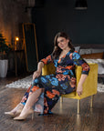 Plus Size Black Floral Three Quarter Sleeve Side Slit Maxi Dress