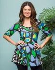 24seven Comfort Apparel Womens Blue Butterfly Print Elbow Sleeve Casual Tunic Top
