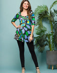 24seven Comfort Apparel Womens Blue Butterfly Print Elbow Sleeve Casual Tunic Top