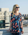 Womens Black Tulip Print Elbow Sleeve Casual Tunic Top