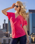 Womens V Neck Knot Front Kimono Sleeve Top