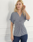 Womens V Neck Geometric Print Knot Front Kimono Sleeve Top