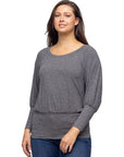 Round Neck Long Blouson Sleeve Banded Bottom Top
